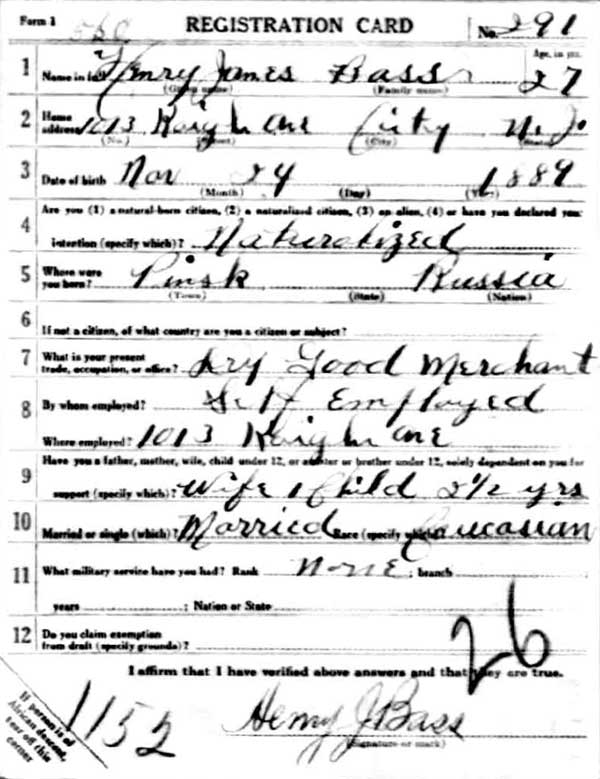 Draft Registration Card — Henry James Bass, front