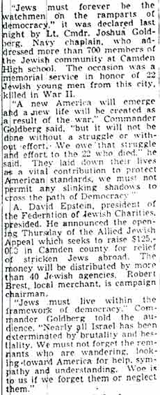 Camden Courier-Post, October 22, 1945 — Jewish War Veterans memorial, column 1