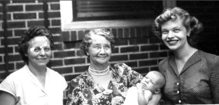 The Continuing Generations — Justine (Braun) and Mary (Carson) Linthicum with Ruth Justine (Linthicum) Clawges and Gerald Alton Clawges, the first of many grandchildren and great-grandchildren