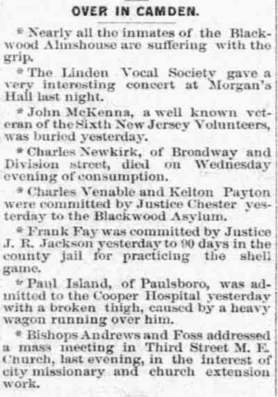 Philadelphia Inquirer, December 18, 1891 — Over in Camden, including death notice for John McKenna