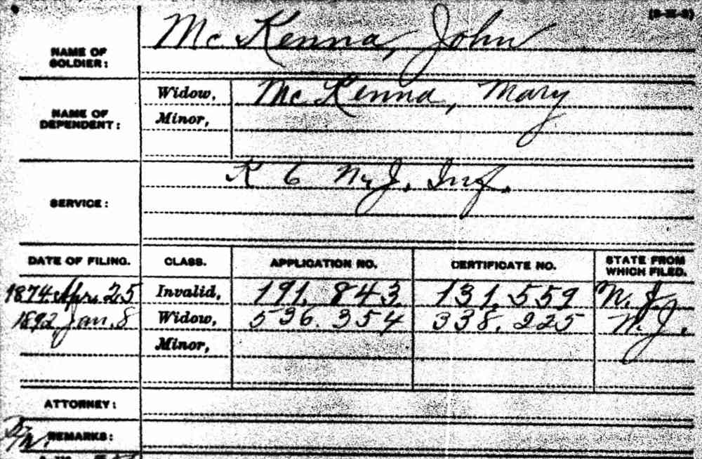 Civil War pension record — John McKenna, Company K, 6th New Jersey Volunteers