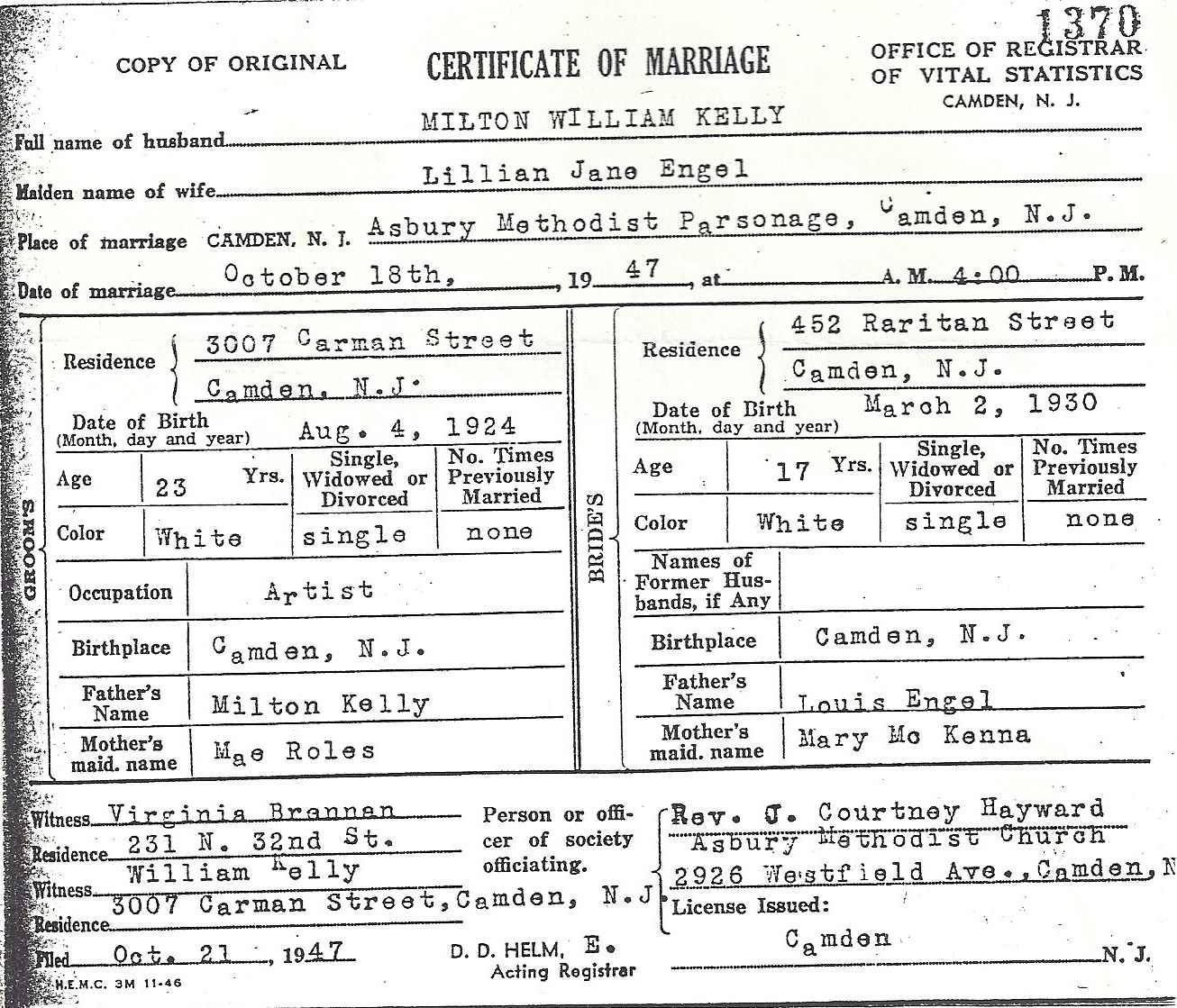 Marriage certificate — Milton W. Kelly & Jane Engel, October 1947