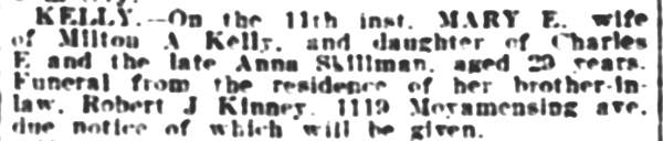 Death notice for Mary E. Skillman Kelly, Philadelphia Inquirer, July 13, 1905