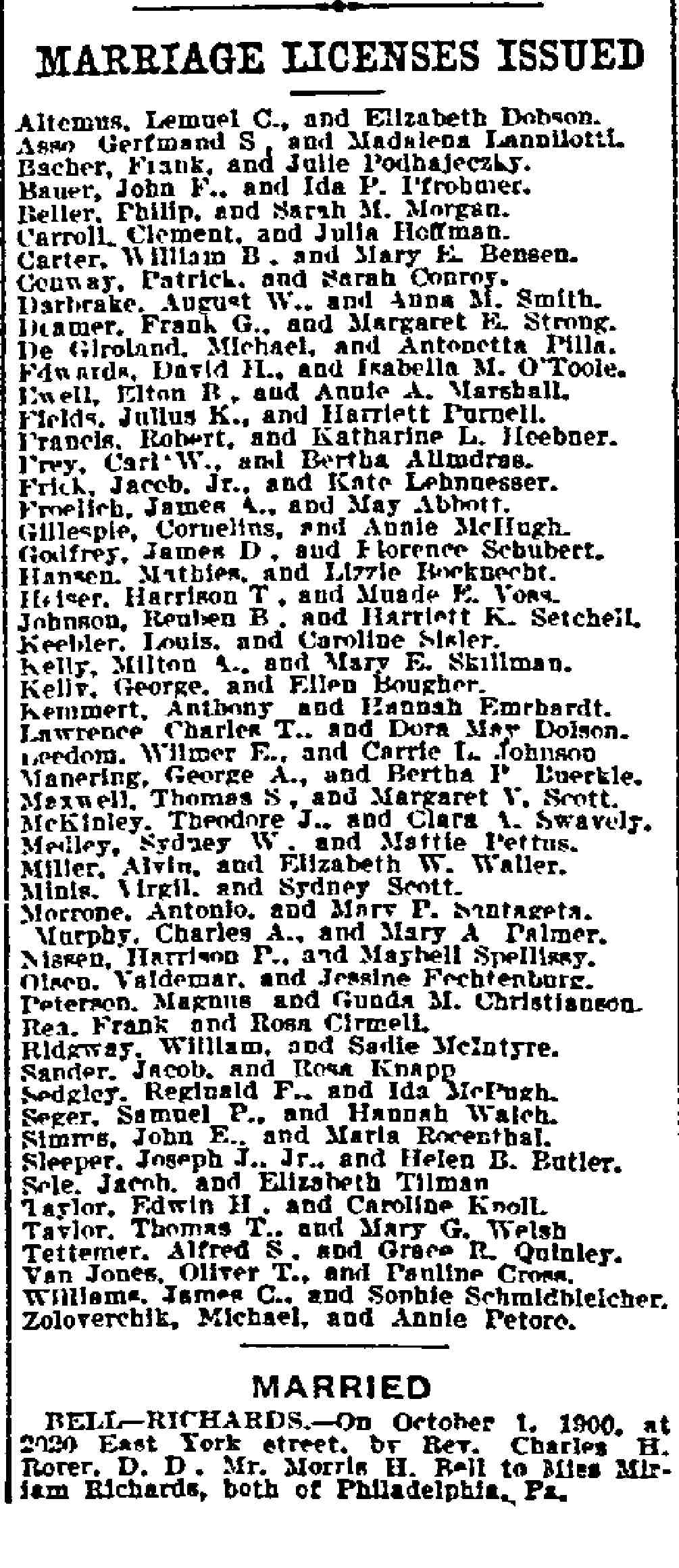 Marriage Licenses Issued, Philadelphia Inquirer, October 9, 1900