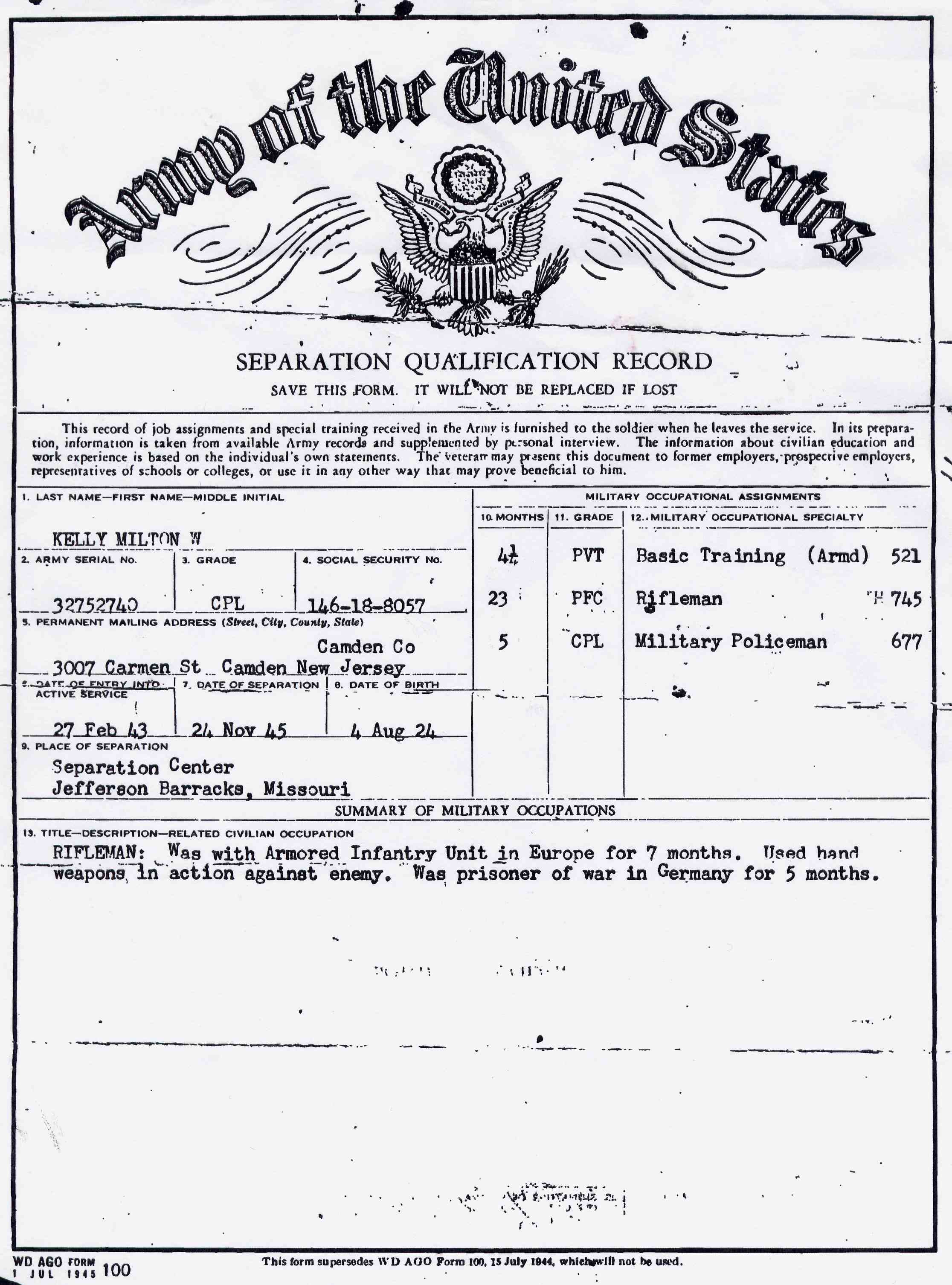 Private Milton W. Kelly, U.S. Army Separation Qualification Record