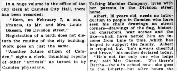 Camden Evening Courier, February 10, 1928 — Okeson family article, columns 1–2