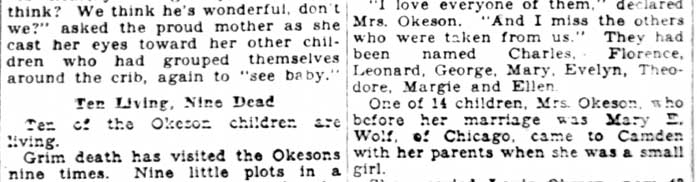 Camden Evening Courier, February 10, 1928 — Okeson family article, Ten Living Nine Dead section