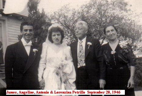 James Petrillo's Wedding Day — September 28, 1946. James Petrillo, his bride Angeline, with his parents Antonio and Lorenzina Petrillo.