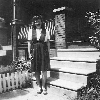 Angie Tommassone Petrillo in front of 1275 Park Boulevard, about 1947