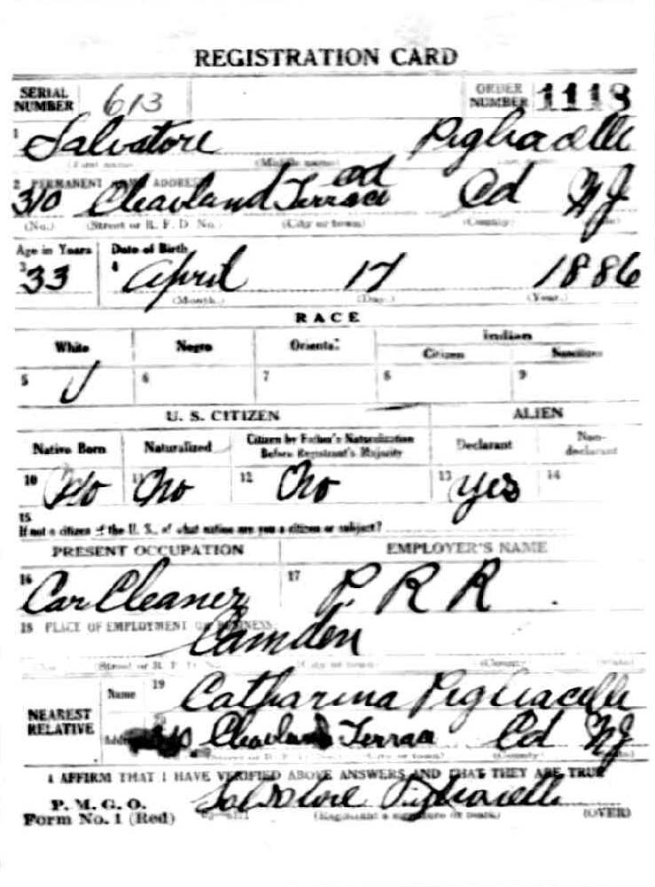 Salvatore Pigliacelli World War I Draft Card, September 12, 1918 — front