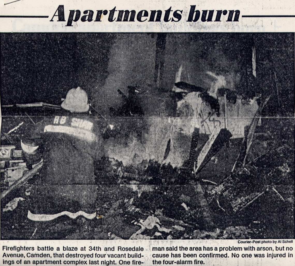 Apartments burn — firefighters battle a blaze at 34th and Rosedale Avenue, Camden, April 1987