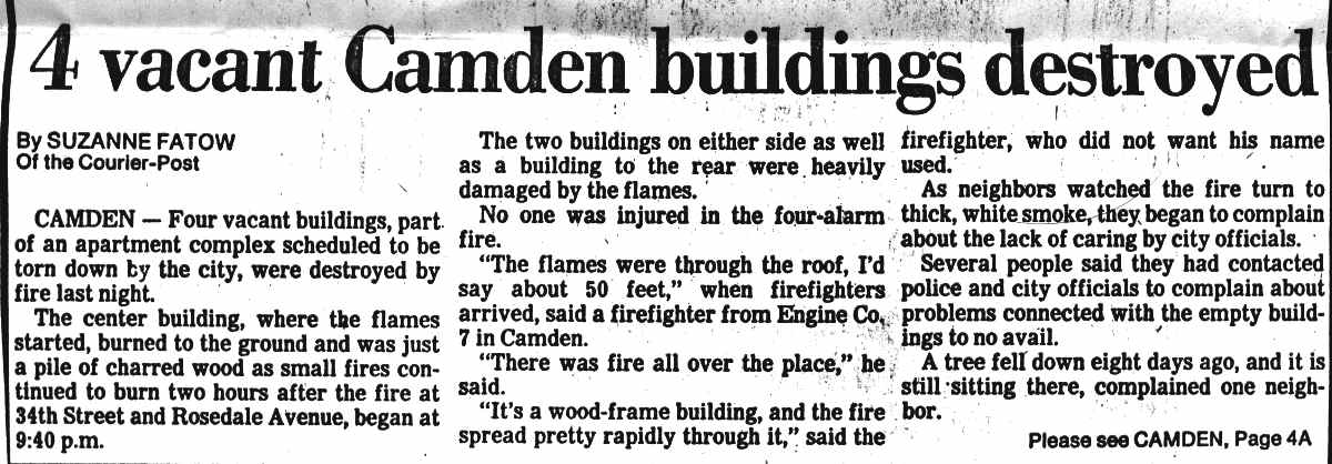4 vacant Camden buildings destroyed — Camden Courier-Post, April 9, 1987 (columns 1-2)