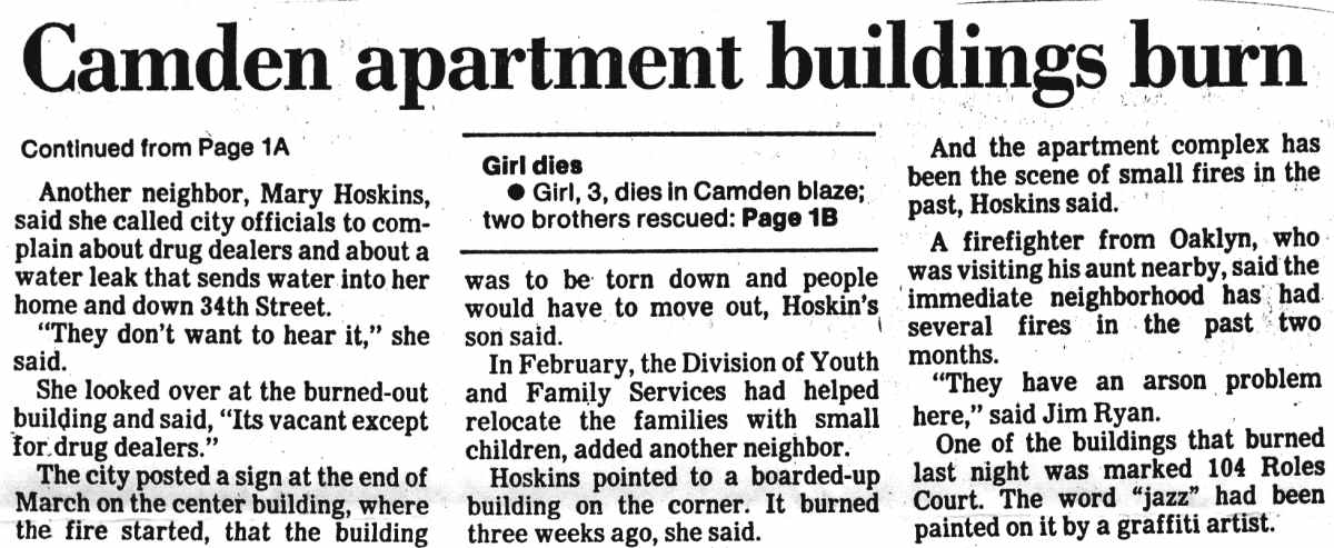 Camden apartment buildings burn — Camden Courier-Post, April 9, 1987 (continued)
