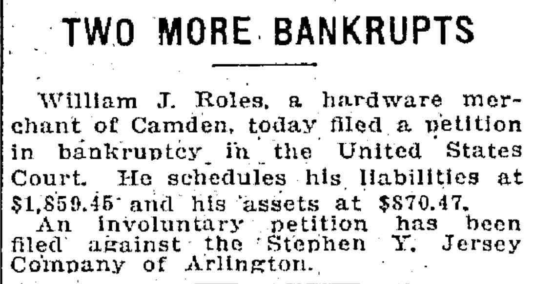 Philadelphia Inquirer, January 30, 1913 — Two More Bankrupts: William J. Roles bankruptcy notice