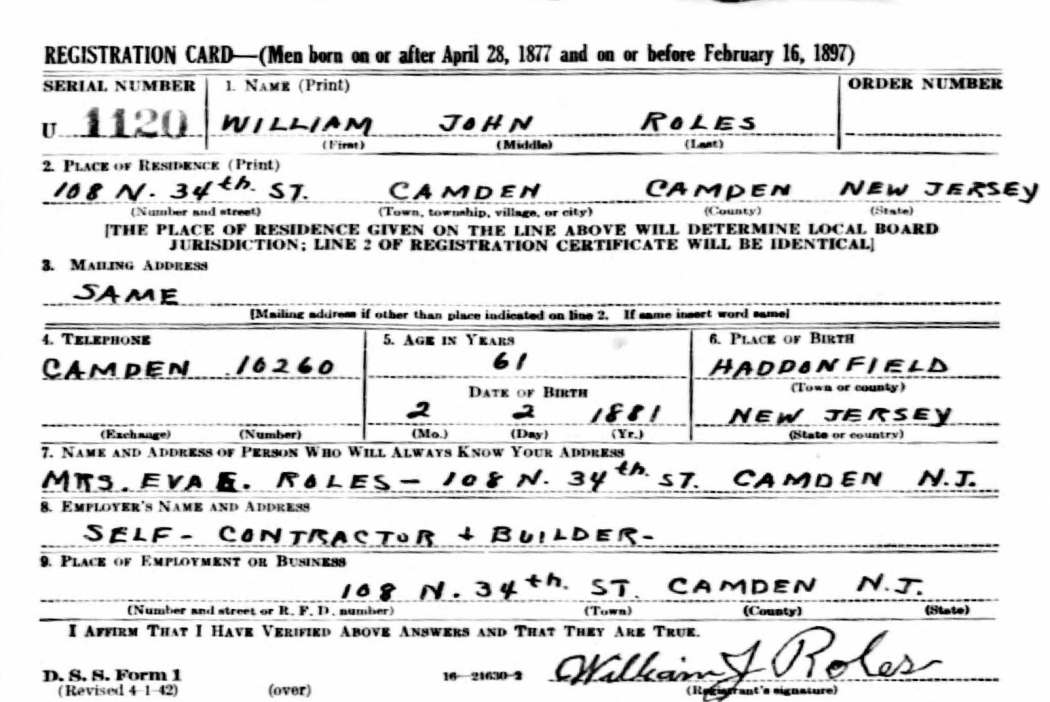 World War II Draft Card — William J. Roles