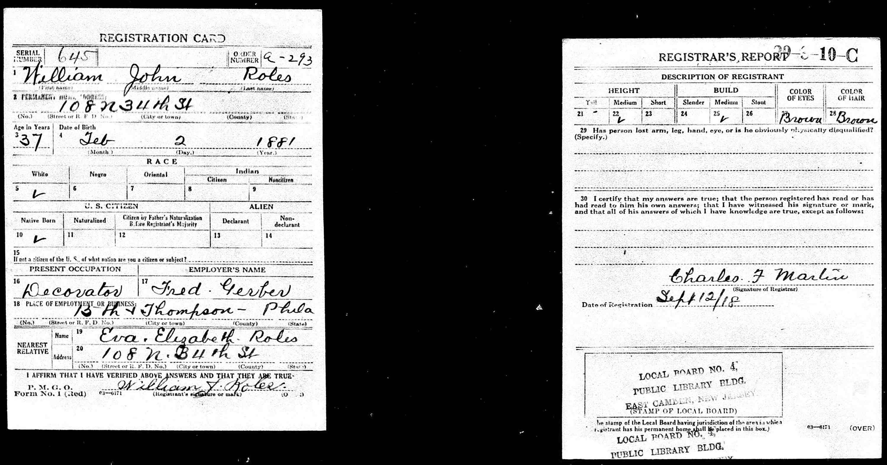 WWI Draft Card — William J. Roles, front