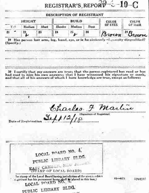 WWI Draft Card — William J. Roles, back
