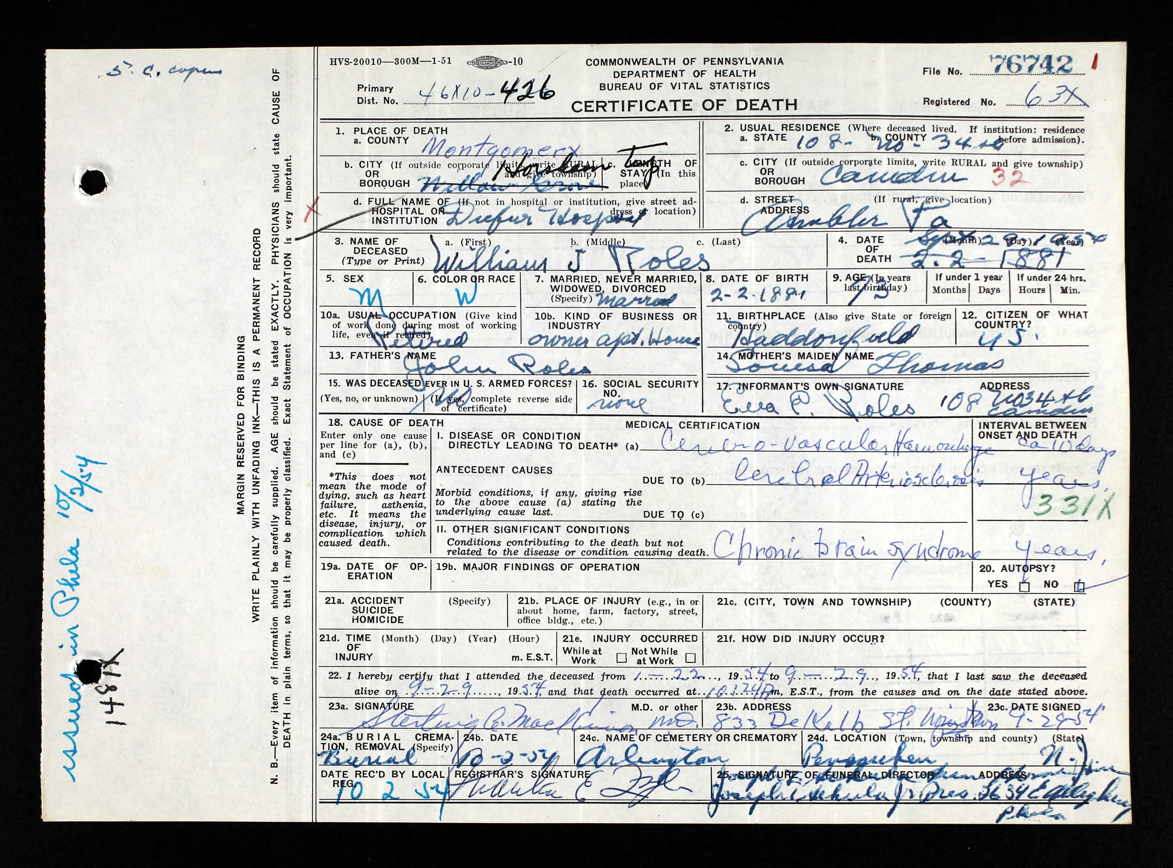 William J. Roles Death Certificate