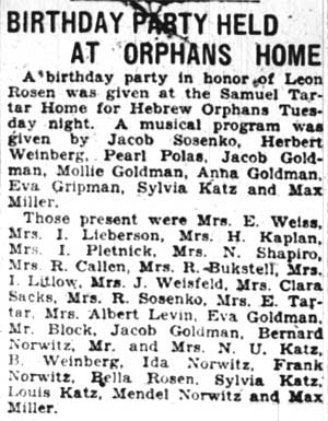 Camden Courier-Post, January 27, 1928 — Birthday Party Held at Orphans Home (Samuel Tarter Home for Hebrew Orphans)