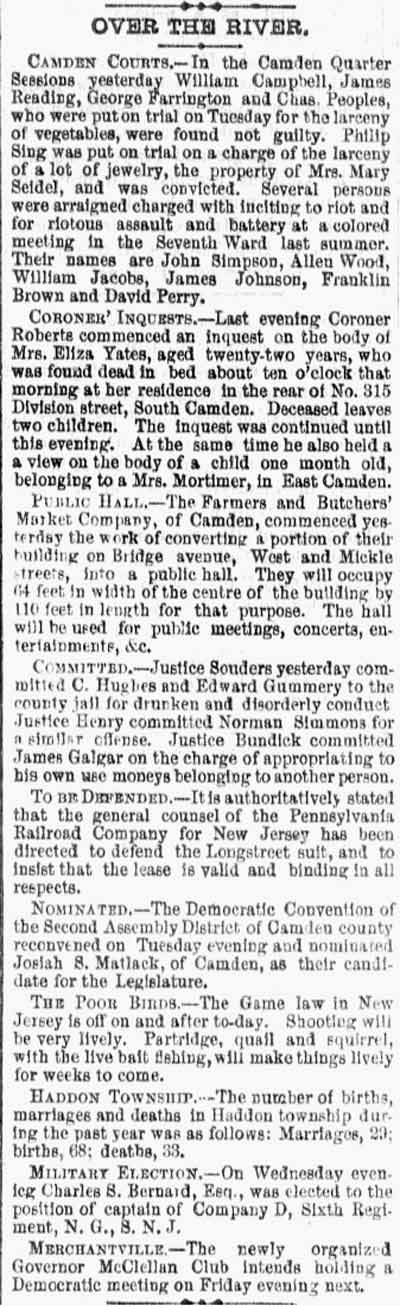 315 Division Street — George Yates & Family, Philadelphia Inquirer, November 1, 1877