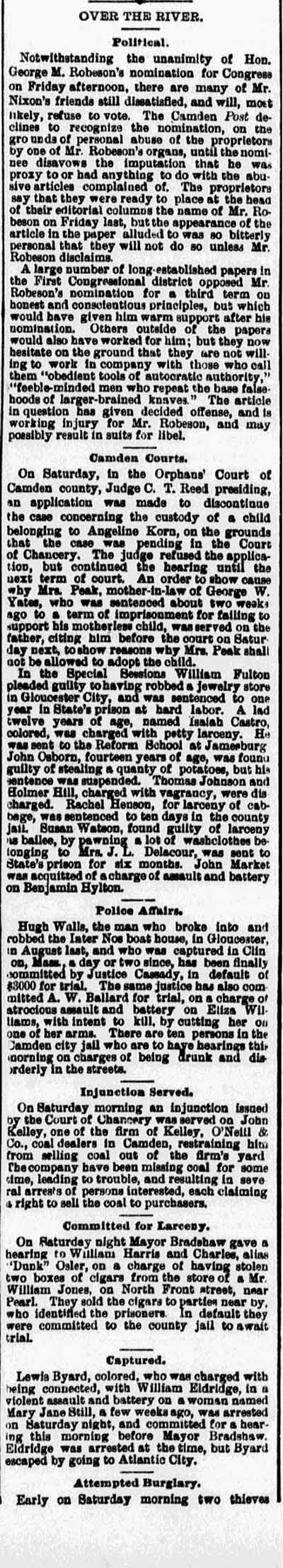 Philadelphia Inquirer, September 18, 1892 — Orphans' Court of Camden, George Yates as administrator