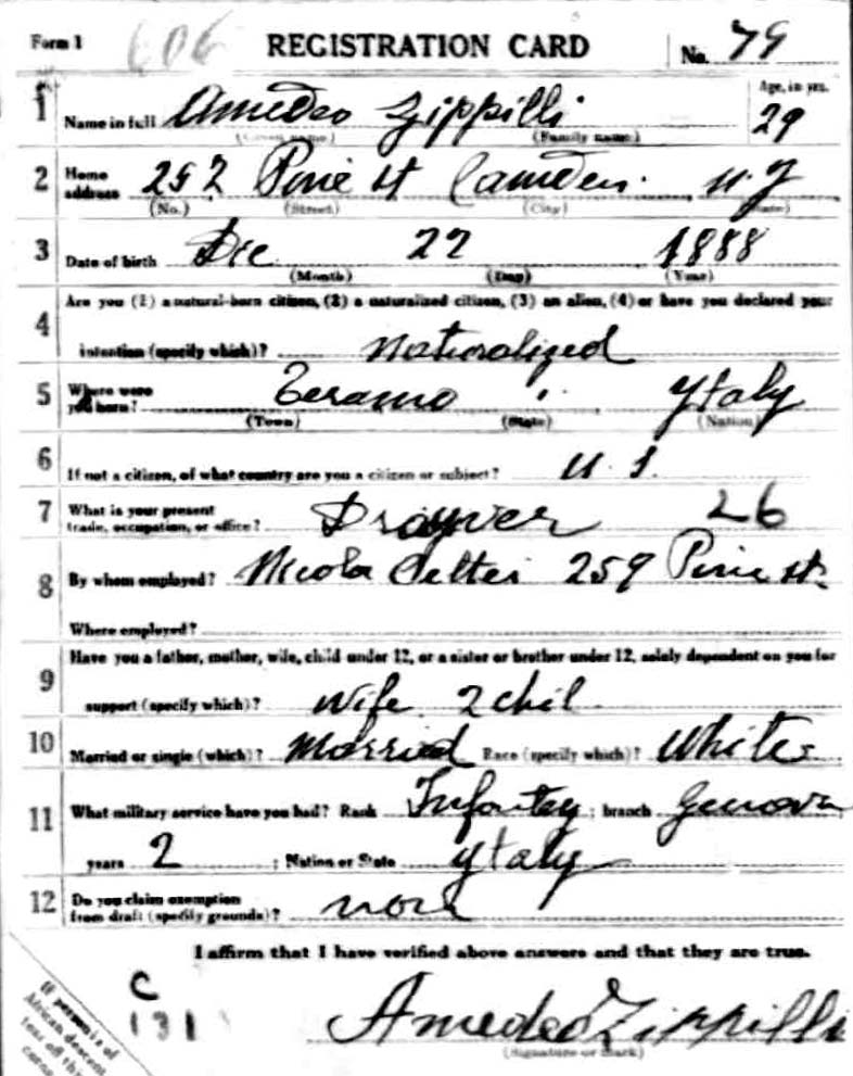 World War I Draft Card — Amedeo Zippilli, front