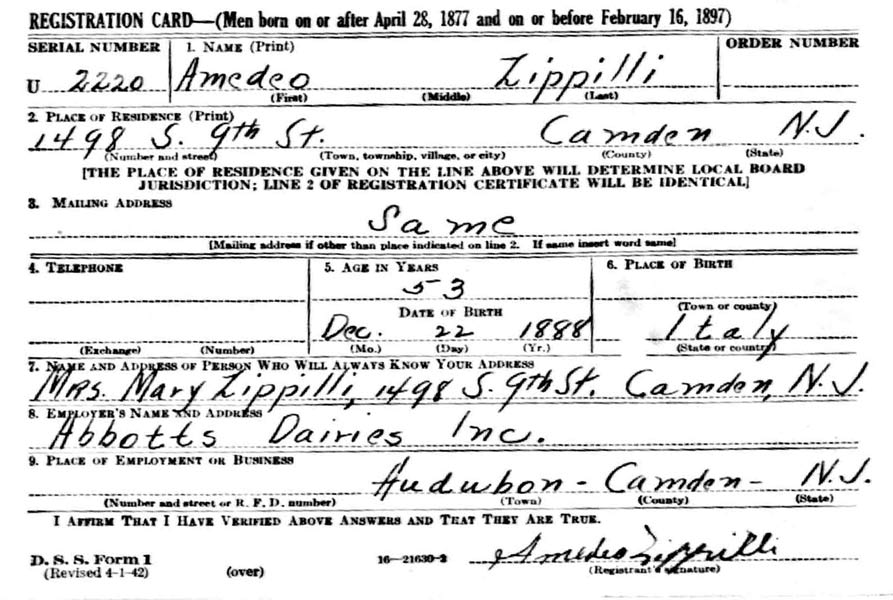World War II Draft Card — Amedeo Zippilli, 1942