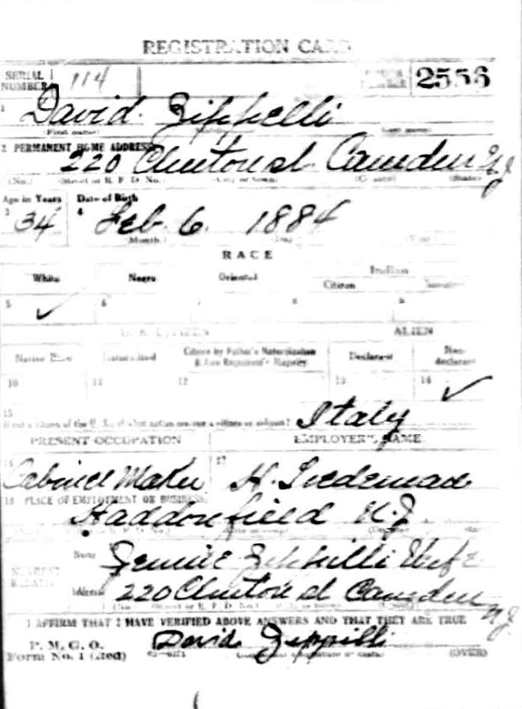 World War I Draft Card — David Zippilli, front