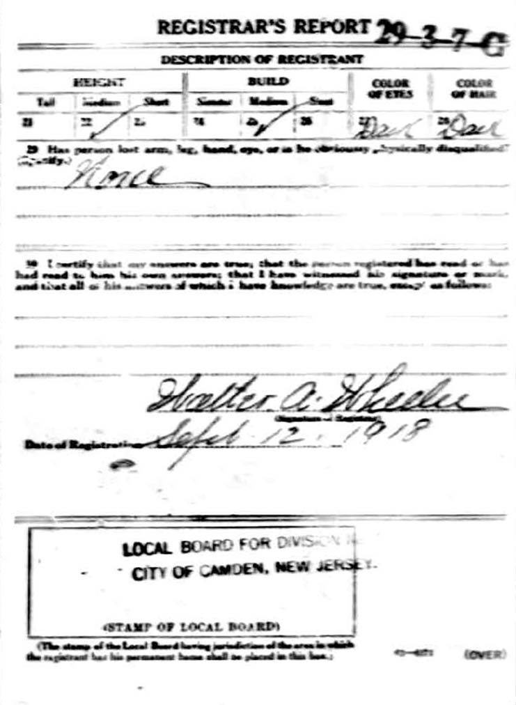 World War I Draft Card — David Zippilli, reverse