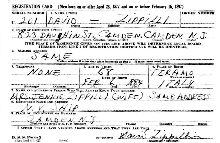 World War II Draft Card — David Zippilli, 1942