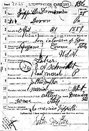 World War I Draft Card — Domenico Zippilli, front