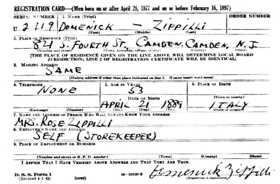 World War II Draft Card — Domenico Zippilli, 1942