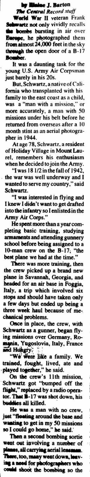 Camden Record article on Frank Schwartz, column 1 — by Elaine J. Barton