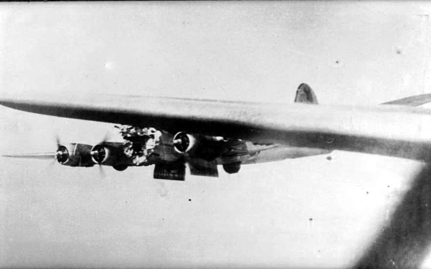 The B-17 MIZPAH just after taking a direct hit to the nose over Budapest, July 14, 1944 — photo by Robert W. Toombs from another B-17
