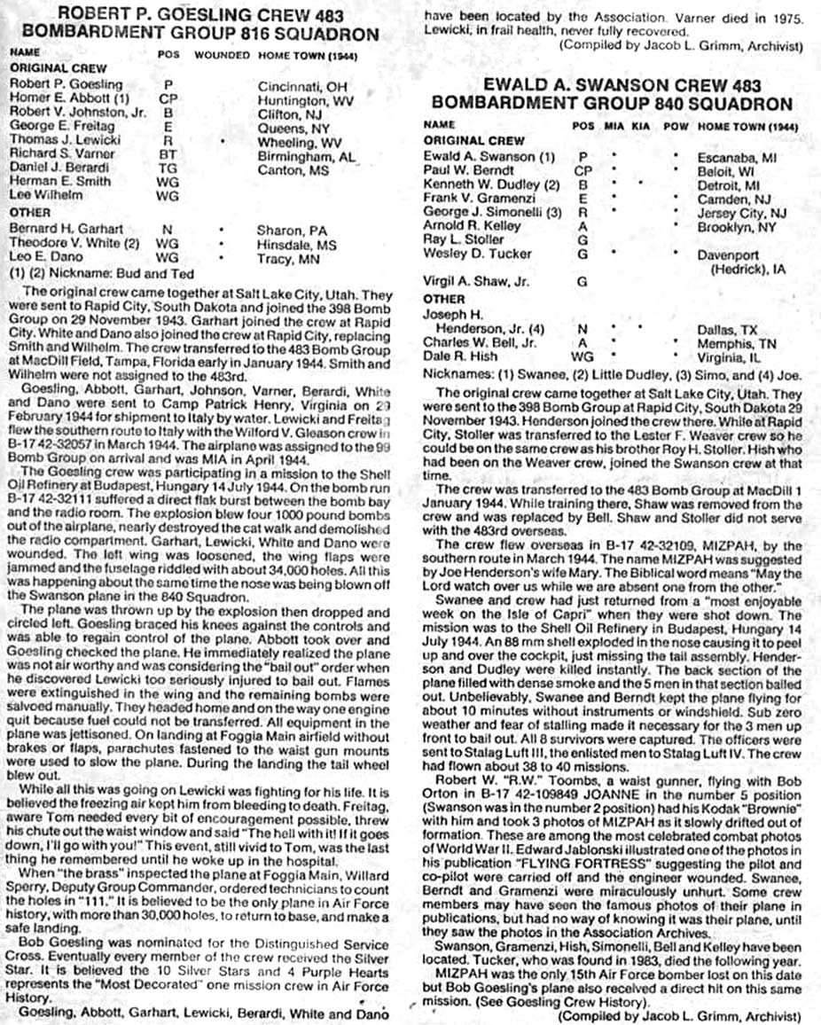 Crew rosters: Robert F. Goesling Crew (816 Squadron) and Ewald Swanson Crew (840 Squadron), 483rd Bombardment Group