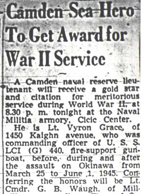 Camden Sea Hero To Get Award for War II Service — Camden Courier-Post, March 13, 1950, column 1