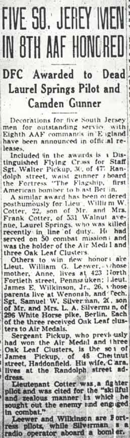Newspaper article: Five South Jersey men in 8th AAF honored, DFC for Walter Pickup