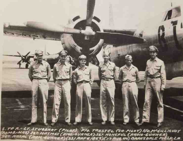 Crew of B-26 Marauder at Barksdale Field, Louisiana, August 1944 — L. to R.: Lt. Stubbart (Pilot), F/O Trestel (Co-Pilot), F/O McGillicudy (Bomb-Nav), Sgt. Haymes (Eng-Gunner), Sgt. Koneful (Radio-Gunner), Sgt. Nosal (Arm-Gunner)