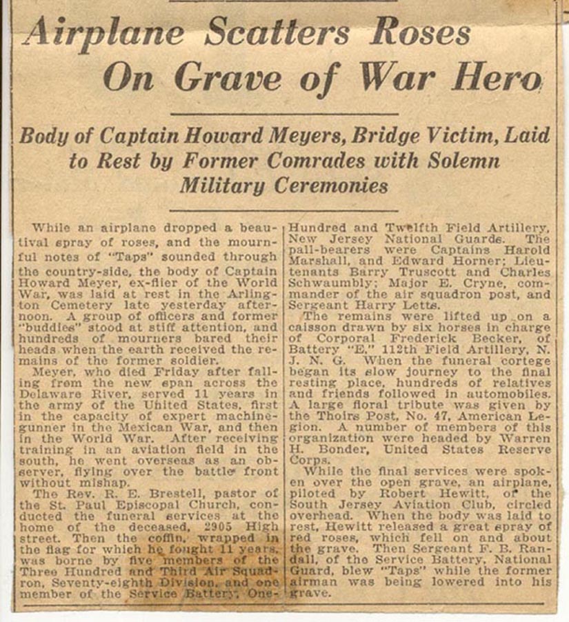 Airplane Scatters Roses on Grave of War Hero — funeral coverage for Captain Howard Meyer, Camden Courier-Post, May 1926
