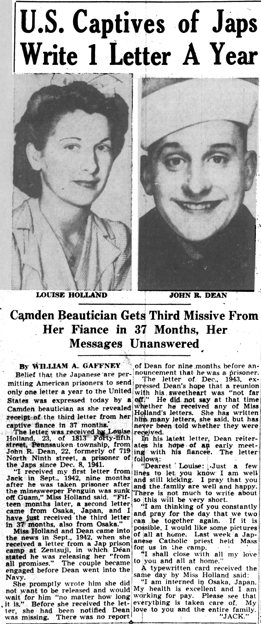U.S. Captives of Japs Write 1 Letter A Year — Camden Courier-Post, January 10, 1945