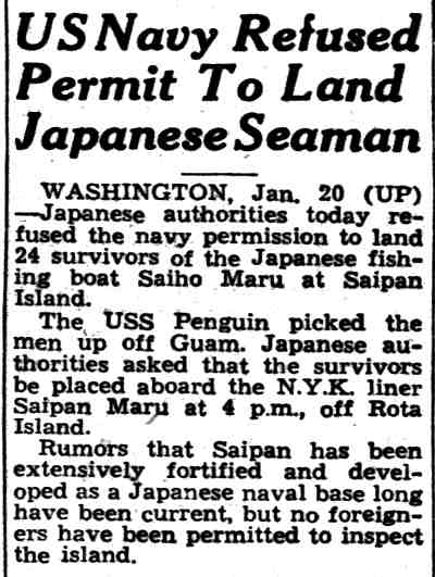 US Navy Refused Permit To Land Japanese Seaman — The Honolulu Advertiser, January 21, 1940