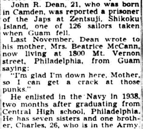 Camden Courier-Post, June 11, 1942 — John R. Dean reported prisoner at Zentsuji