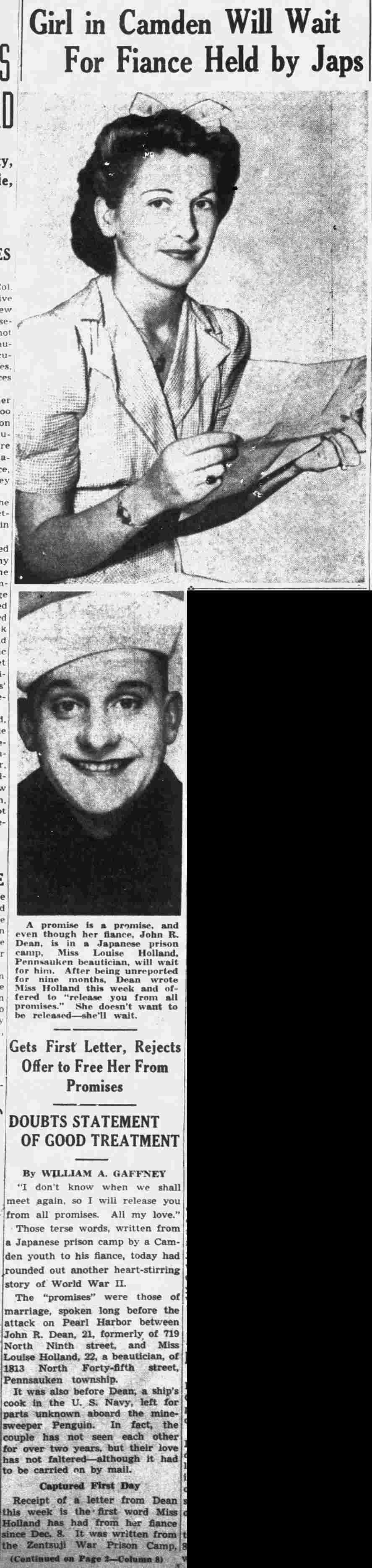 Girl in Camden Will Wait For Fiancé Held by Japs — Camden Courier-Post, September 10, 1942, portraits of Louise Holland and John R. Dean