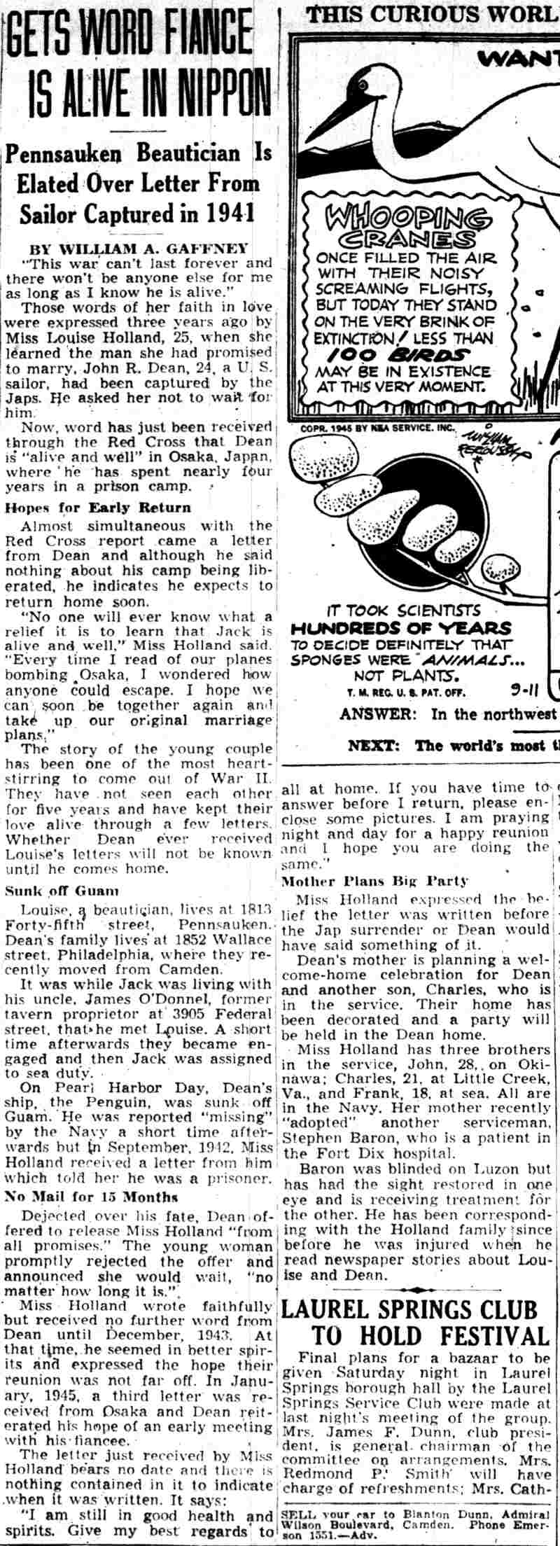 Gets Word Fiancé Is Alive in Nippon — Camden Courier-Post, September 11, 1945