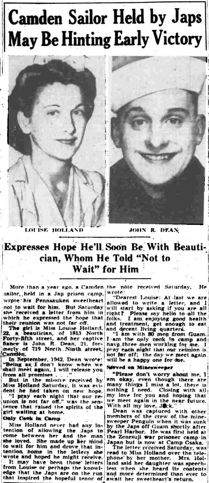 Camden Sailor Held by Japs May Be Hinting Early Victory — Camden Courier-Post, December 13, 1943