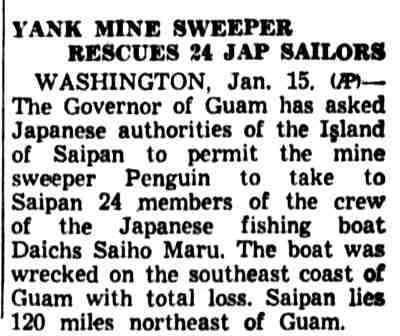 Yank Mine Sweeper Rescues 24 Jap Sailors — The Palm Beach Post, January 16, 1940