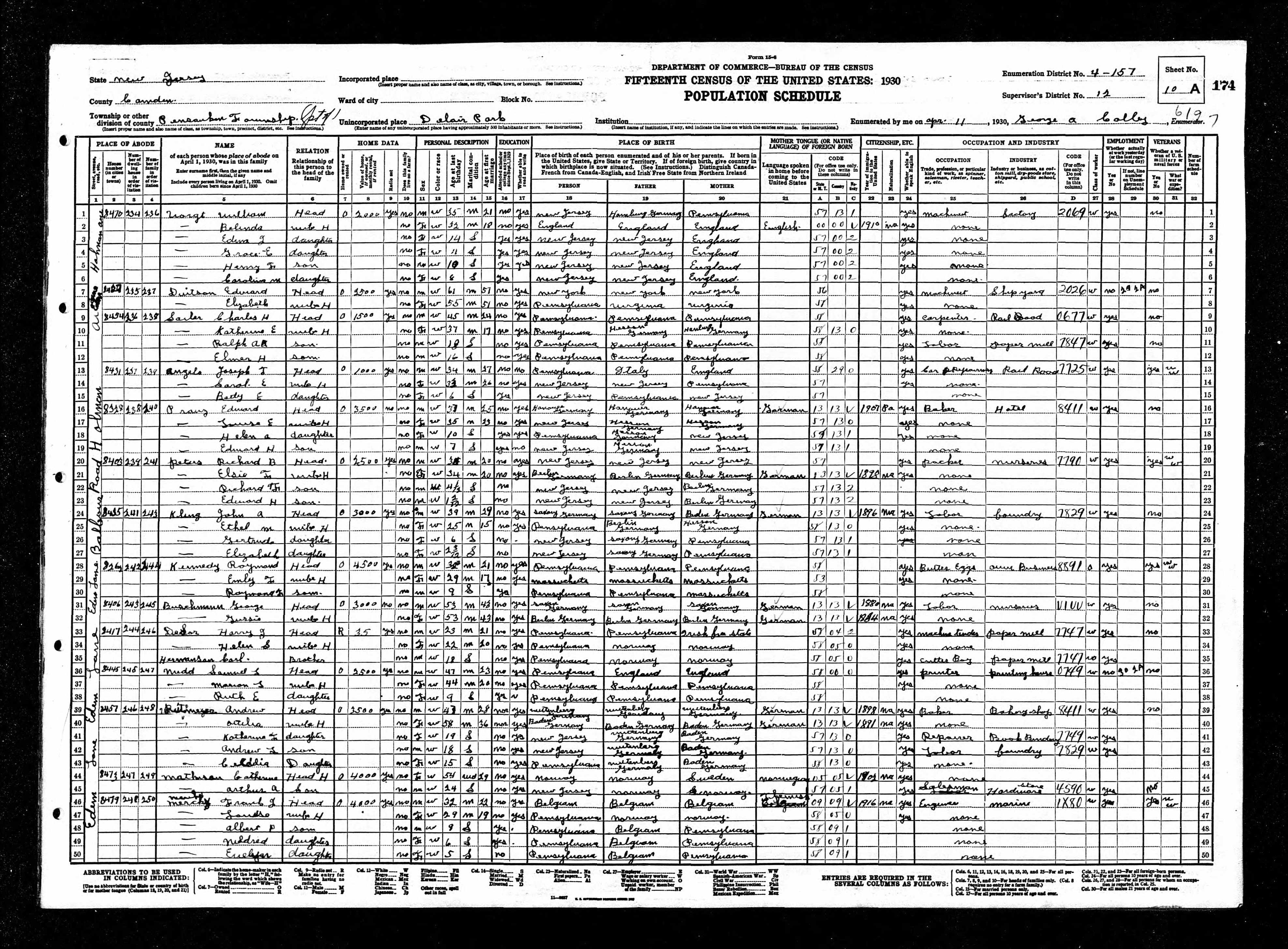 1930 U.S. Census — Joseph T. Angelo, Pennsauken, New Jersey