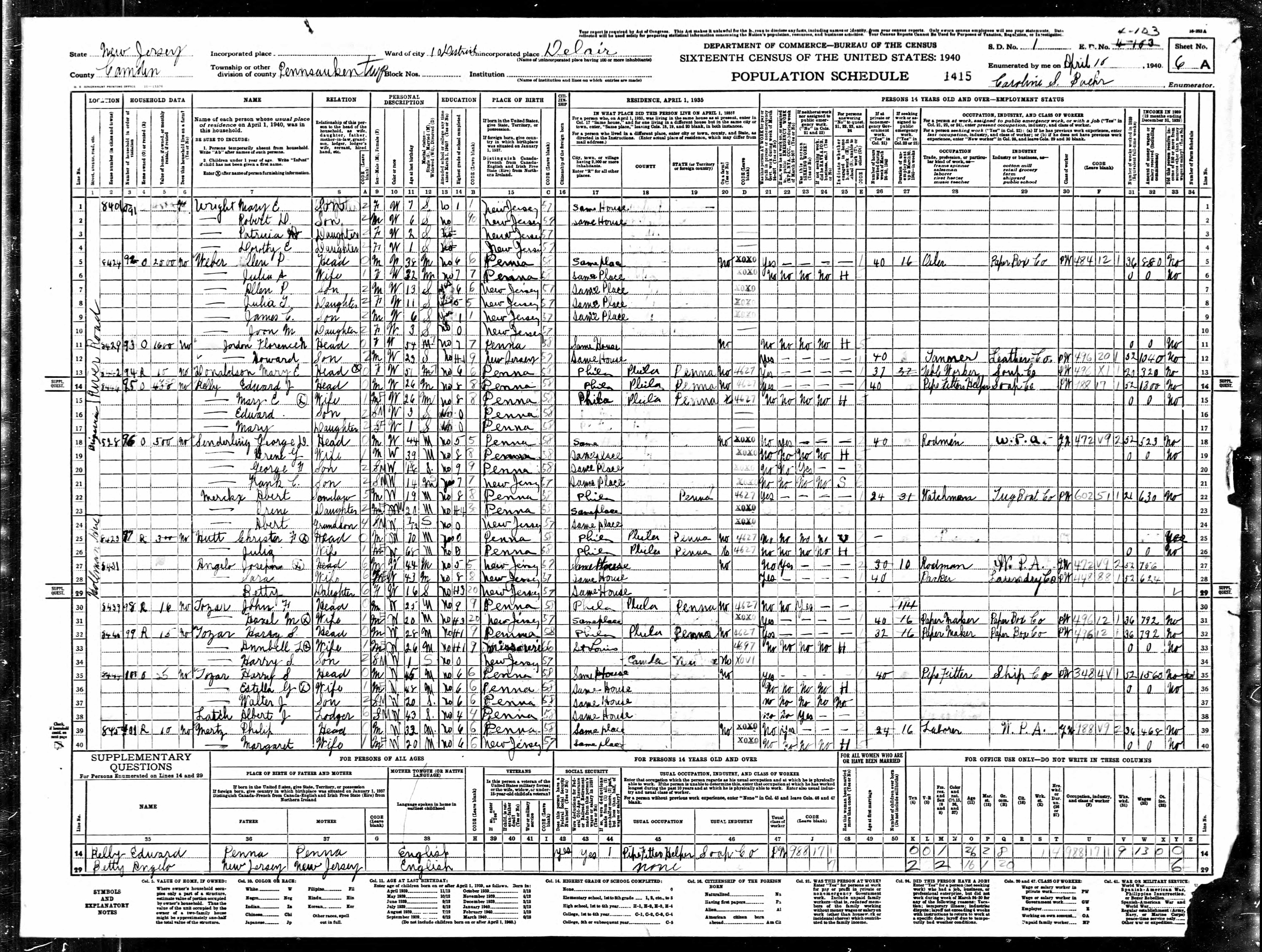 1940 U.S. Census — Joseph T. Angelo, Pennsauken, New Jersey