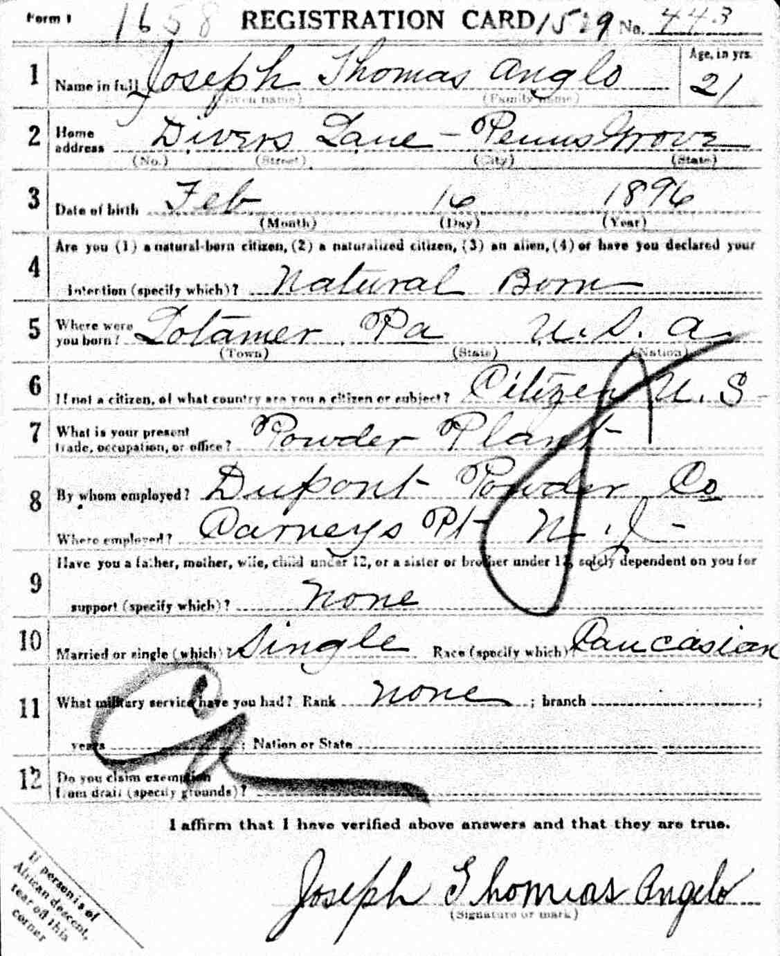 Joseph T. Angelo — World War I Draft Card, side 1