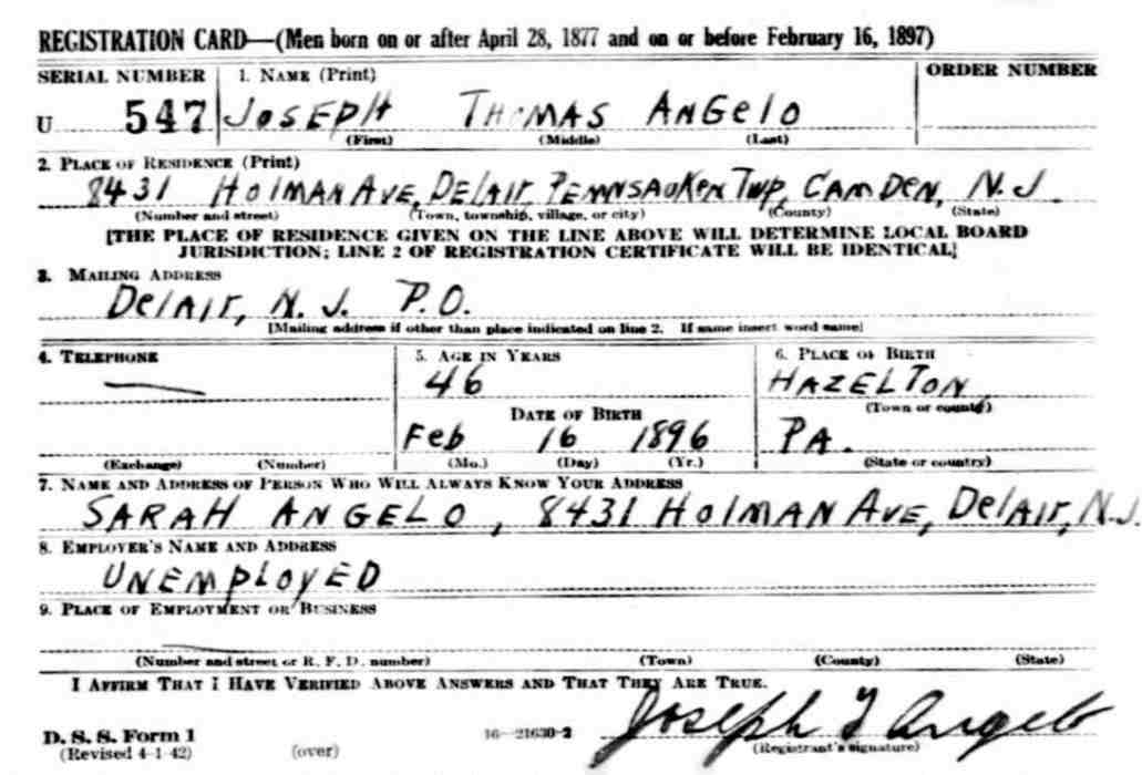Joseph T. Angelo — World War II Draft Registration Card